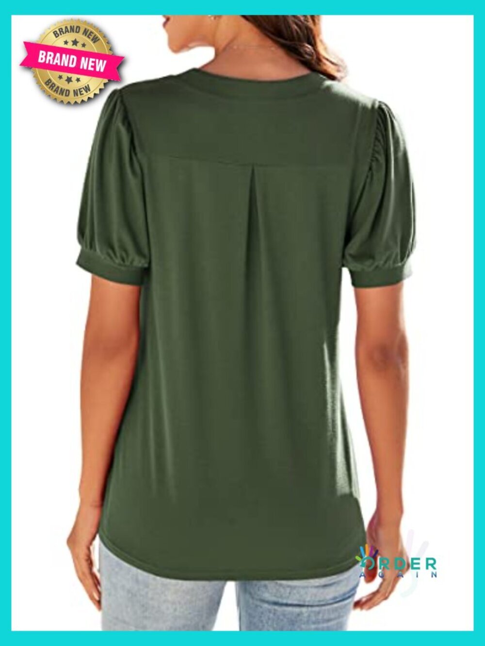 Olive Green V-Neck Puff Short Sleeve Blouse Tunic Dressy Casual Tops Soft - Picture 5 of 7